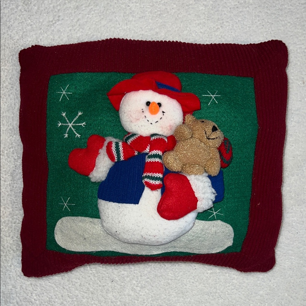 Festive Snowman and Bear Holiday Pillow